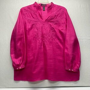 Lauren Ralph Lauren Embroidered 100% Linen Blouse in Fuchsia Size 1X Elegant Top